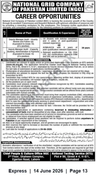 Newspaper clipping: NGC Careers — Deputy Manager Audit (Grade 18) | Apply via NTS by 2026-06-29, Express, 14 Jun 2026