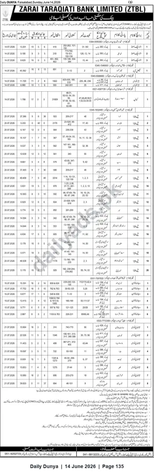 Newspaper clipping: ZTBL Public Auctions: Sale of Mortgaged/Repossessed Properties — Multiple July 2026 Dates, Dunya, 14 Jun 2026