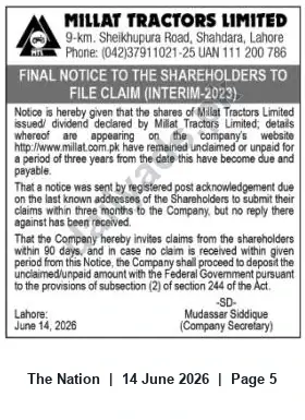 Newspaper clipping: Millat Tractors Final Notice to Shareholders to Claim Unpaid Interim-2023 Dividends, The Nation, 14 Jun 2026