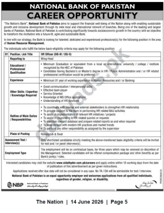 Newspaper clipping: National Bank of Pakistan — HR Officer (OG-II / OG-III) Recruitment, The Nation, 14 Jun 2026