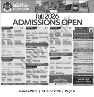 Newspaper clipping: COMSATS University Islamabad — Fall 2026 Admissions Open (Multiple Campuses), Nawa-i-Waqt, 14 Jun 2026