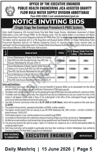 Newspaper clipping: Tender Notice — Annual Maintenance & Repair Works (JICA Gravity Flow Bulk WSS) Abbottabad, Daily Mashriq, 15 Jun 2026