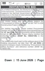 Newspaper clipping: GIZ Pakistan Tender: Procurement of Office Furniture for GL TVET 0-230 (Ref 10032136), Dawn, 15 Jun 2026
