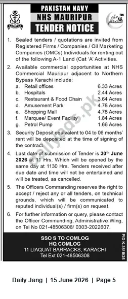 Newspaper clipping: Pakistan Navy NHS Mauripur - Sealed Tenders for Leasing A-1 Land for Commercial Activities, Jang, 15 Jun 2026