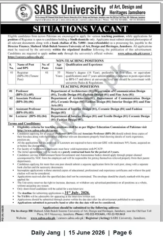 Newspaper clipping: SABS University Jamshoro — Registrar and Faculty Vacancies (Apply Online), Jang, 15 Jun 2026