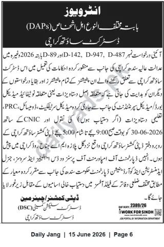 Newspaper clipping: Deputy Commissioner South Karachi: Document Verification / Interview Notice for Petitioners (Case Nos. D-142, D-89, D-947, D-487), Jang, 15 Jun 2026