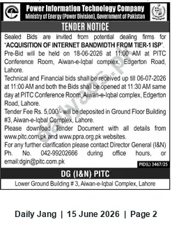 Newspaper clipping: Tender: Acquisition of Internet Bandwidth from Tier-1 ISP — PITC (Lahore), Jang, 15 Jun 2026