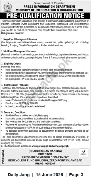 Newspaper clipping: PID Pre-Qualification Notice for Event Management Services (FY 2026–27) — Islamabad, Jang, 15 Jun 2026