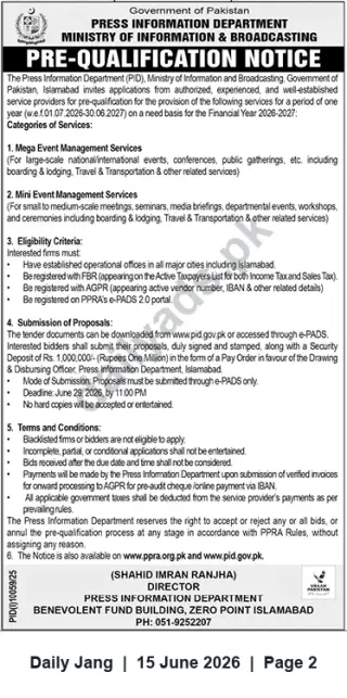 Newspaper clipping: Press Information Department Pre-Qualification — Event Management Services (FY 2026-27), Jang, 15 Jun 2026