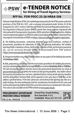 Newspaper clipping: PSW e-Tender for Hiring Travel Agency Services (RFP PSW-PROC-25-26-HR&A-508), The News International, 15 Jun 2026