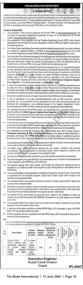 Newspaper clipping: Punjab Irrigation Department E-Tender — Rehabilitation of Office Complex & Residential Quarters, Gujrat Canal Division, The News International, 15 Jun 2026