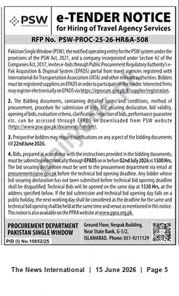 Newspaper clipping: e-Tender: Hiring of Travel Agency Services — RFP No. PSW-PROC-25-26-HR&A-508, The News International, 15 Jun 2026