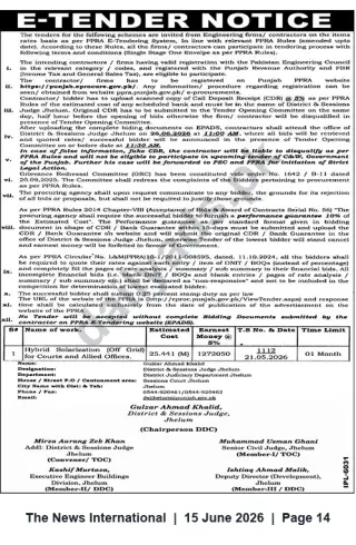 Newspaper clipping: E-Tender: Hybrid Off-Grid Solarization for Courts & Allied Offices — District Jhelum (Punjab), The News International, 15 Jun 2026