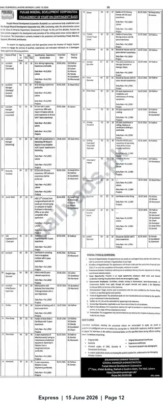 Newspaper clipping: Punjab Mineral Development Corporation – Contingent Staff Vacancies (Multiple Technical & Operational Posts), Express, 15 Jun 2026