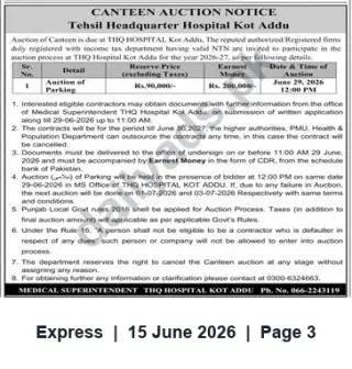 Newspaper clipping: THQ Hospital Kot Addu — Canteen / Parking Auction Notice (Bid by 2026-06-29), Express, 15 Jun 2026