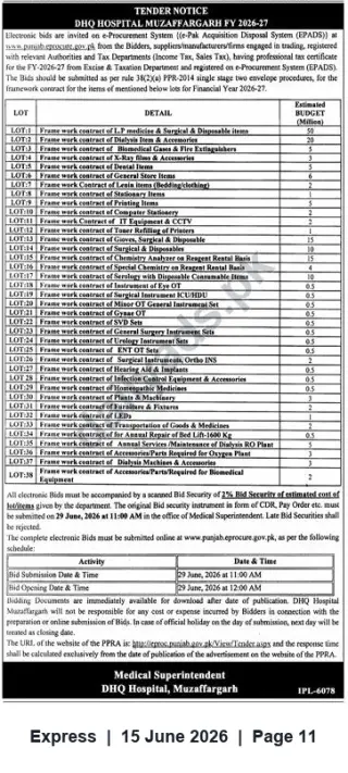 Newspaper clipping: DHQ Hospital Muzaffargarh Tender — Framework Contracts for Medical Supplies & Services FY 2026–27 (Deadline 2026-06-29), Express, 15 Jun 2026