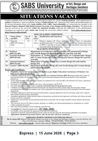 Newspaper clipping: SABS University Jamshoro — Vacancies for Registrar and Faculty (Professors, Associate Professors, Assistant Professors, Lecturers), Express, 15 Jun 2026