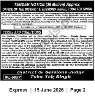 Newspaper clipping: Tender: Furniture & 4 kW Off-Grid Solar Installation — District & Sessions Judge, Toba Tek Singh, Express, 15 Jun 2026