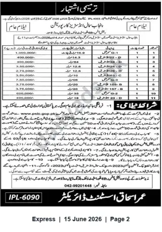 Newspaper clipping: Amended Public Auction Notice — Sale of Multiple Government Plots, Express, 15 Jun 2026
