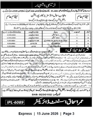 Newspaper clipping: Public Auction — Industrial Plots (PSIC): Plots M-1, M-2, D-74–D-77, D-73, D-18-A, Express, 15 Jun 2026