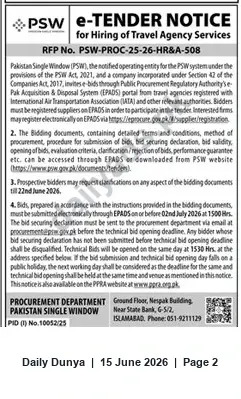 Newspaper clipping: e-Tender: Hiring of Travel Agency Services — Pakistan Single Window (RFP PSW-PROC-25-26-HR&A-508), Dunya, 15 Jun 2026