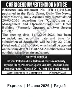 Newspaper clipping: Corrigendum: Deadline Extended for Outsourcing Management of Swat Hotel Building (Swat Serena Hotel), Express, 16 Jun 2026