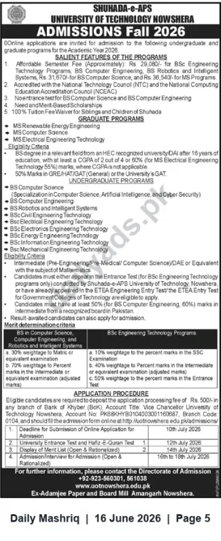 Newspaper clipping: Admissions Fall 2026 — Shuhada-e-APS University of Technology Nowshera, Daily Mashriq, 16 Jun 2026