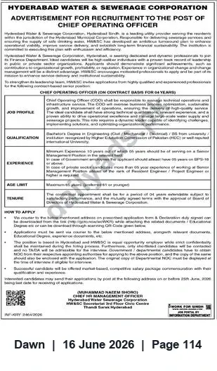 Newspaper clipping: Chief Operating Officer (COO) – Hyderabad Water & Sewerage Corporation (4-Year Contract), Dawn, 16 Jun 2026
