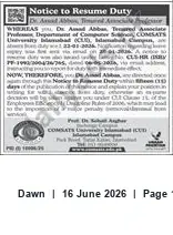 Newspaper clipping: Notice to Resume Duty — Department of Computer Science, COMSATS, Dawn, 16 Jun 2026