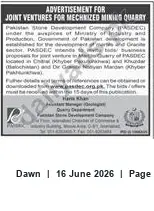 Newspaper clipping: Pakistan Stone Development Company Invitation for Joint Ventures — Mechanized Mining Quarry, Dawn, 16 Jun 2026