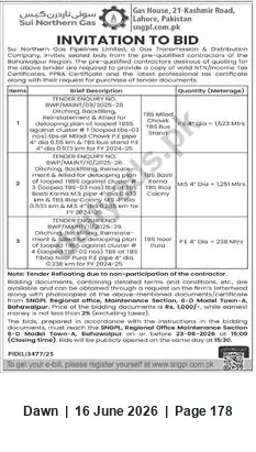 Newspaper clipping: SNGPL Invitation to Bid — Bahawalpur Region Maintenance Works (FY 2024-25), Dawn, 16 Jun 2026