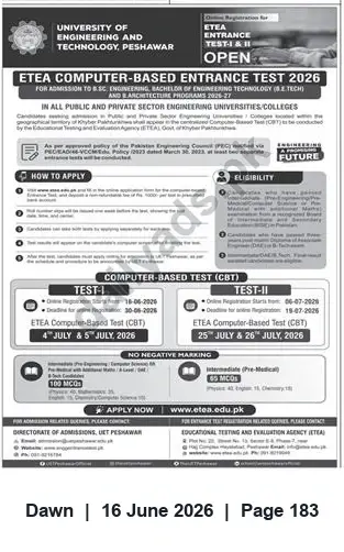 Newspaper clipping: ETEA Computer-Based Entrance Test 2026 — Admissions to B.Sc. Engineering, B.Eng. Technology & B.Arch, Dawn, 16 Jun 2026