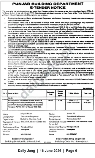 Newspaper clipping: Punjab Building Dept E-Tender: Establish PERA Enforcement Stations in Kahuta (ADP-2351), Jang, 16 Jun 2026