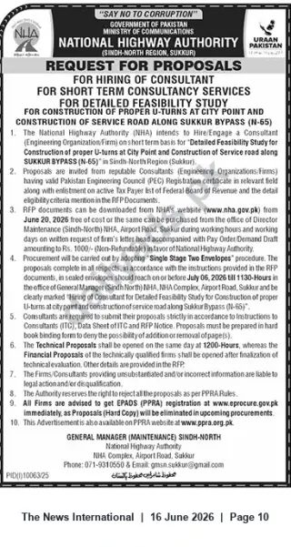 Newspaper clipping: NHA RFP — Consultant for Detailed Feasibility Study: U-Turns & Service Road, Sukkur Bypass (N-65), The News International, 16 Jun 2026