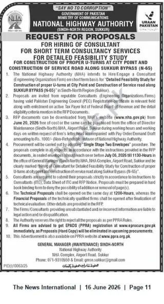 Newspaper clipping: NHA RFP: Consultant for Feasibility Study — U-turns & Service Road, Sukkur Bypass (N-65), The News International, 16 Jun 2026