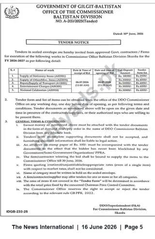 Newspaper clipping: Gilgit-Baltistan Commissioner Baltistan Division Tender Notice — Supply & Services, Skardu (Bid Closing 2026-07-06), The News International, 16 Jun 2026