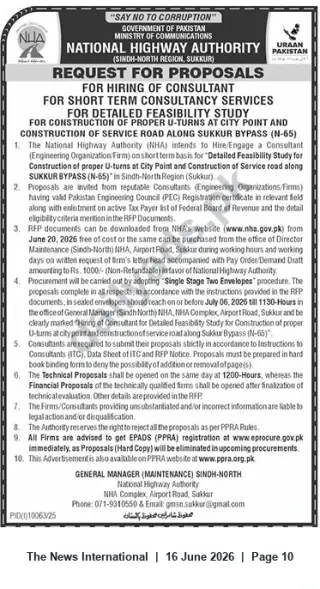 Newspaper clipping: NHA Request for Proposals — Feasibility Study for U-Turns and Service Road, Sukkur Bypass (N-65), The News International, 16 Jun 2026