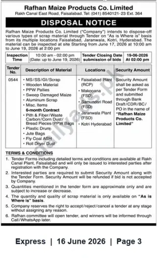 Newspaper clipping: Rafhan Maize Products — Disposal Tender for Scrap Materials (Tender No. 0544), Express, 16 Jun 2026