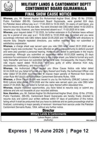 Newspaper clipping: Final Show Cause Notice: Salman Asghar (Emp. ID 27036) — Cantonment Board Gujranwala, Express, 16 Jun 2026
