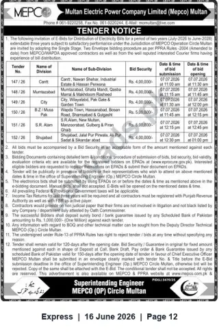 Newspaper clipping: MEPCO Multan Tender Notice — E-Bids for Distribution of Electricity Bills (Two-Year Contract), Express, 16 Jun 2026
