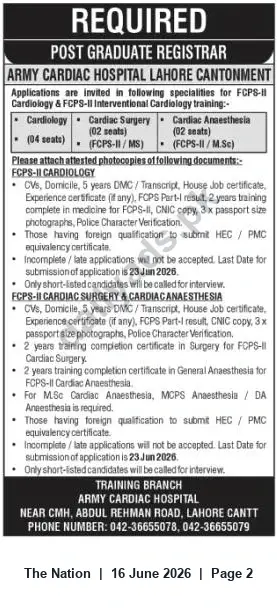 Newspaper clipping: Postgraduate Registrar Vacancies — Army Cardiac Hospital Lahore Cantt (Apply by 2026-06-23), The Nation, 16 Jun 2026