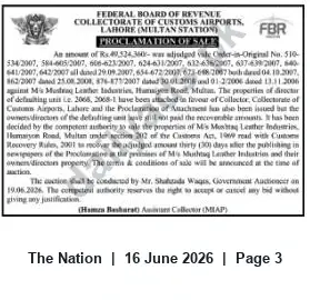 Newspaper clipping: Proclamation of Sale: Property of M/s Mushtag Leather Industries, Hamilton Road, Multan, The Nation, 16 Jun 2026
