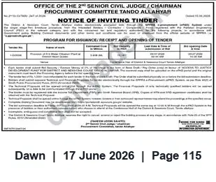 Newspaper clipping: Notice Inviting Tender — Office of 2nd Senior Civil Judge, Procurement Committee Tando Allahyar, Dawn, 17 Jun 2026