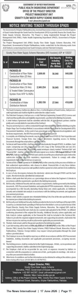 Newspaper clipping: Tender: Construction Packages for Gravity Flow Water Supply Scheme, Mansehra (SFD-Assisted), The News International, 17 Jun 2026