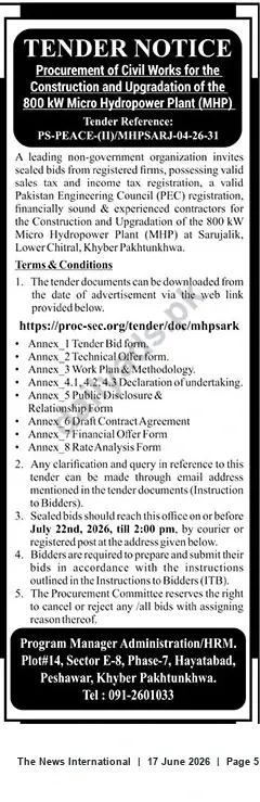 Newspaper clipping: Tender: Civil Works for 800 kW Micro Hydropower Plant at Sarujalik, Lower Chitral (Khyber Pakhtunkhwa), The News International, 17 Jun 2026