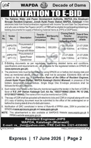 Newspaper clipping: WAPDA E-Bid Invitation: Centrifugal Pumps & Spare Power Transformer for Jinnah Hydel Power Station, Kalabagh, Express, 17 Jun 2026