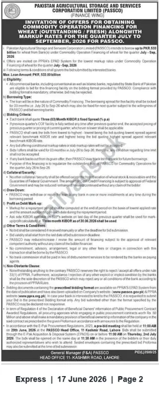 Newspaper clipping: PASSCO Invitation for Commodity Operation Financing (Wheat) — Quarter Jul–Sep 2026, Express, 17 Jun 2026