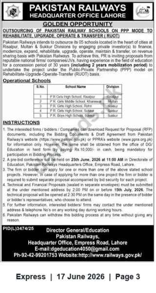 Newspaper clipping: Pakistan Railways Tender: Outsourcing 5 Schools on PPP (Rehabilitate, Upgrade, Operate & Transfer), Express, 17 Jun 2026