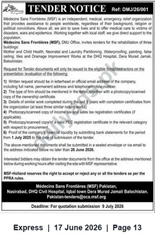 Newspaper clipping: MSF Tender DMJ/26/001 — Rehabilitation Works at DHQ Hospital, Dera Murad Jamali, Express, 17 Jun 2026