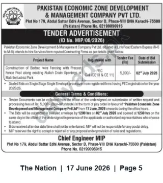 Newspaper clipping: Tender MIP/06/2026: Barbed-Wire Fencing at Malir Industrial Park — Pakistan Economic Zone, The Nation, 17 Jun 2026